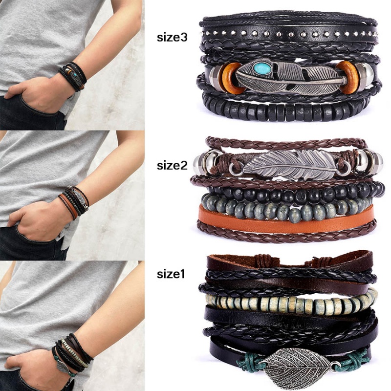 women leather bracelets multiple layers wood beads charm leaf