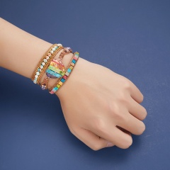 Love leather natural stone crystal metal 3-strand winding bracelet (material: semi-precious stones / size: chain length 50-56cm, love 2.5cm) Color
