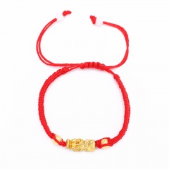 Handmake Knit Gold Pixiu Bead Adjustable Bracelet Red