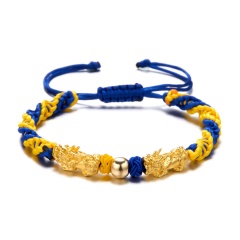 Handmake Knit Ukrainian Flag Color With Pixiu Beads Bracelet Adjustable Blue+Yellow